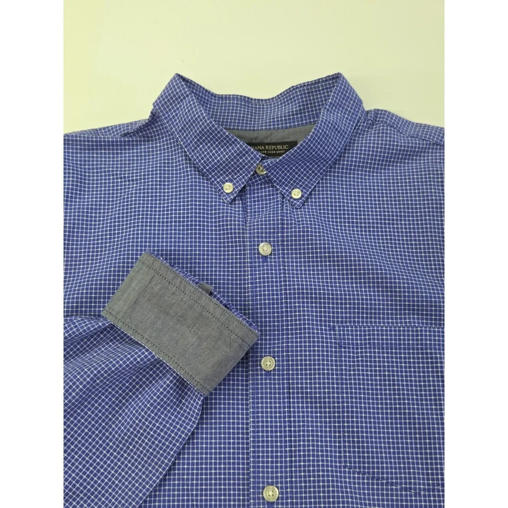Banana Republic Men XL Blue Micro Check Grant Fit Custom 078 Wash Shirt Flip Cuf